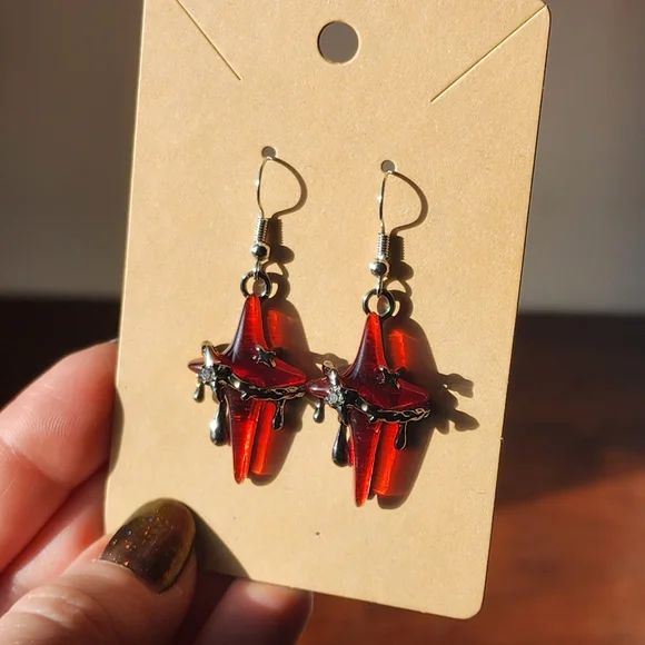 Whimsigoth Red Resin And Metal Star Earrings - Picture 9 of 9